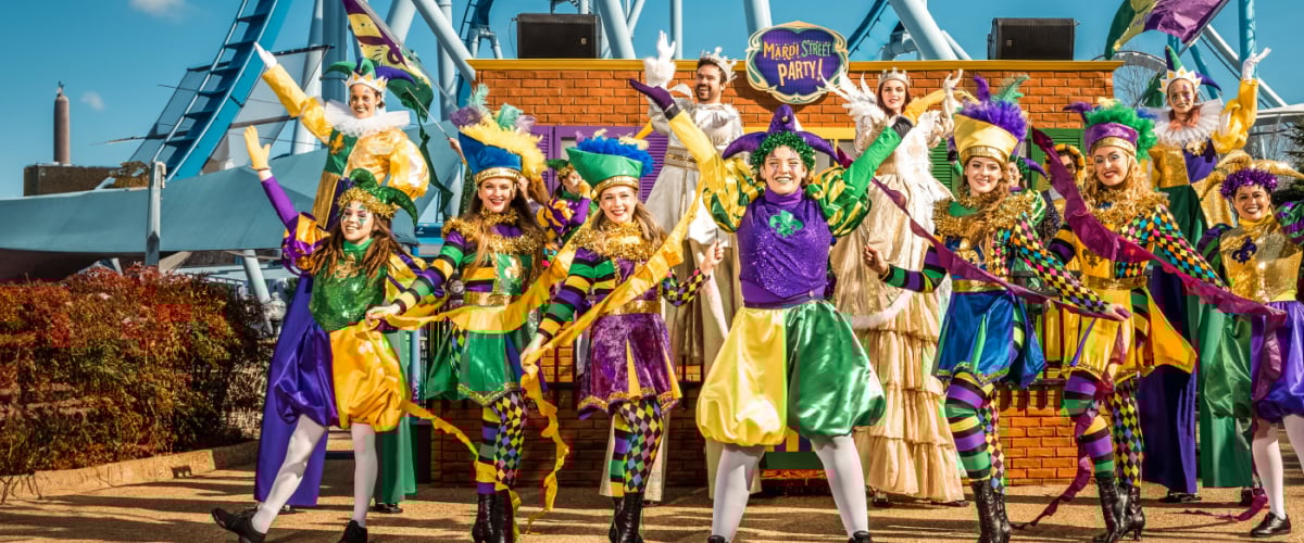 Performers during Mardi Street Party at Busch Gardens Williamsburg Mardi Gras event.