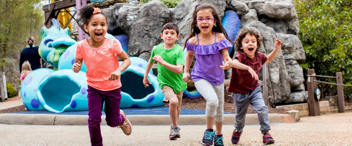 Children running through Land of Dragons at Busch Gardens Williamsburg