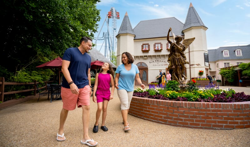 Family walking around Busch Gardens Williamsburg.