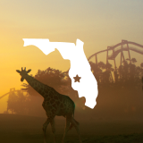 A golden sun is setting silhouettes of a giraffe and an icon of the state of Florida