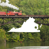 A steam train driving across a bridge and a silhouette of the state of Virginia