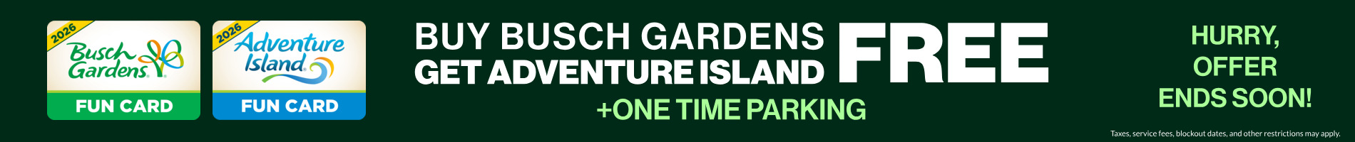 Buy Busch Gardens get Adventure Island Free + One Time Parking