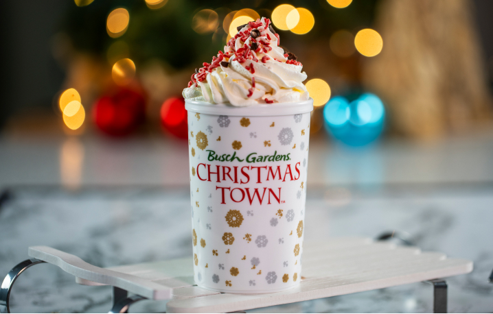 Hot Cocoa and souvenir cups available at Busch Gardens Tampa Bay Christmas Town.