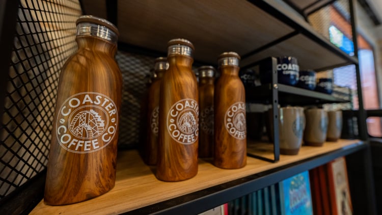 Bottles and merchandise at Coaster Coffee Company proudly serving Starbucks® beverages inside Busch Gardens Tampa Bay.