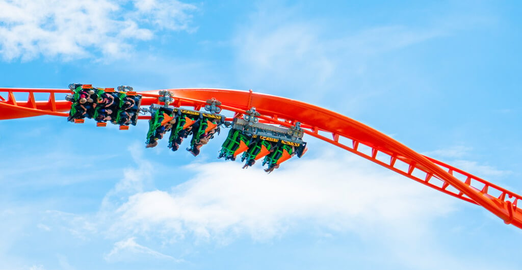 An orange and black roller coaster called Tigris, located at Busch Gardens Tampa Bay, located in Florida