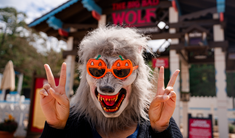 Person wearing a wolf mask with Jack-o-Lantern sunglasses