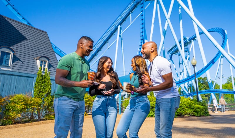 Four people in front of a roller coaster