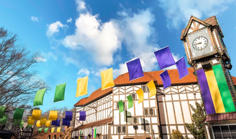 Mardi Gras decorated building at Busch Gardens Williamsburg
