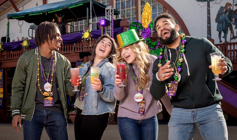 Four adults dressed in Mardi Gras attire