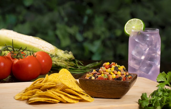 Corn, Black Eyed Peas, Black Beans, Peppers & Onions with Tortilla Chips