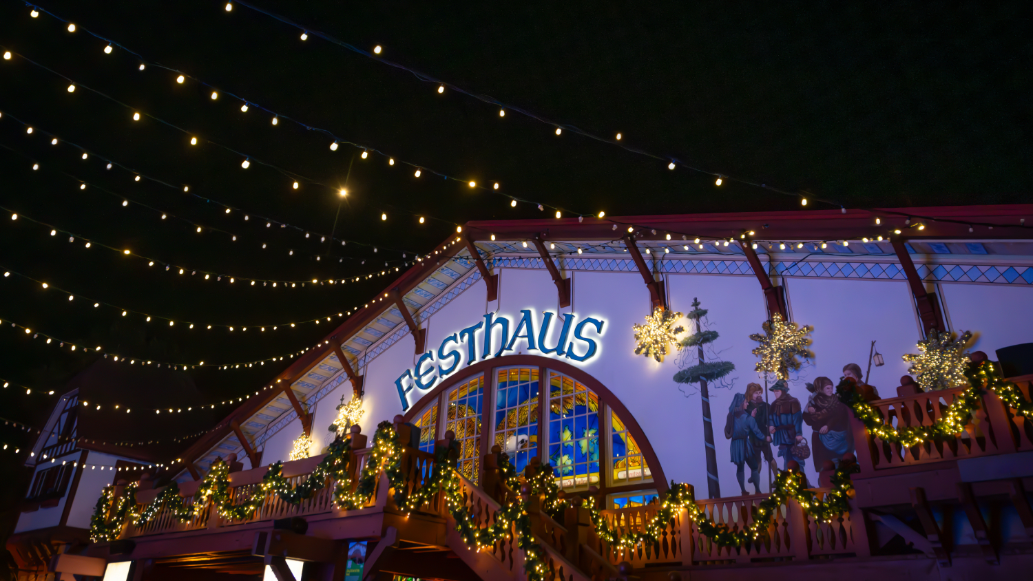 Das Festhaus restaurant with holiday lighting at Busch Gardens Williamsburg