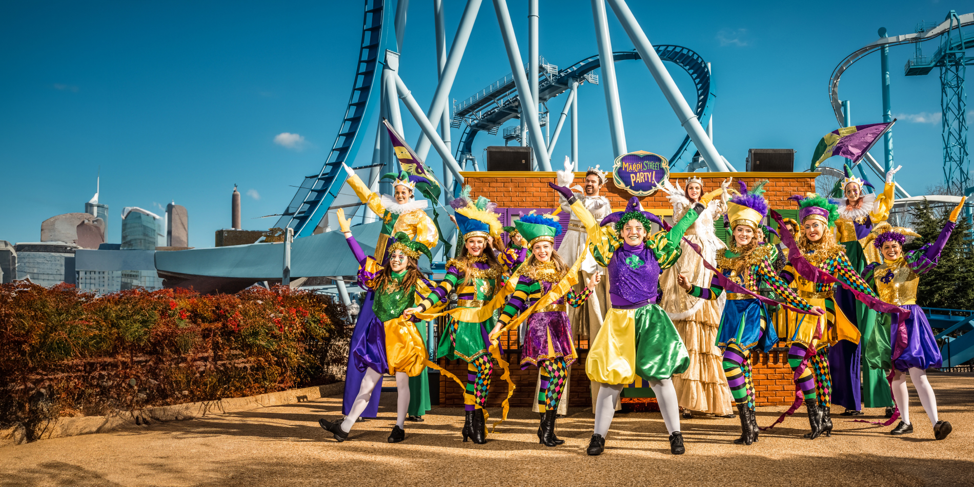 Performers during Mardi Street Party at Busch Gardens Williamsburg Mardi Gras event.
