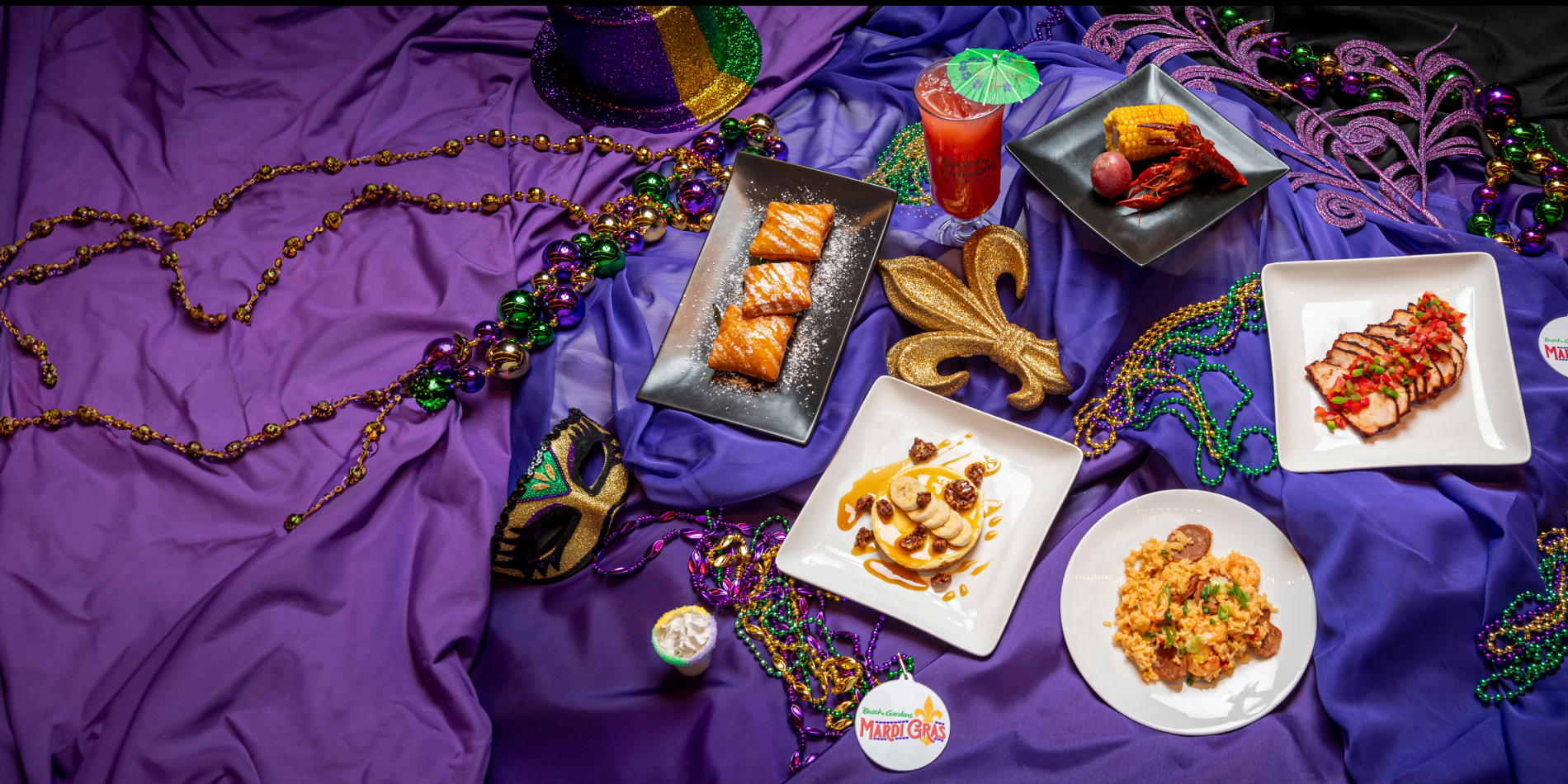 Cajun and Mardi Gras themed foods at Busch Gardens Williamsburg Mardi Gras event.
