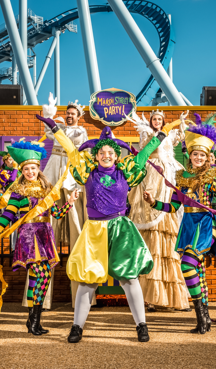 Performers during Mardi Street Party at Busch Gardens Williamsburg Mardi Gras event.