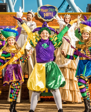 Performers during Mardi Street Party at Busch Gardens Williamsburg Mardi Gras event.