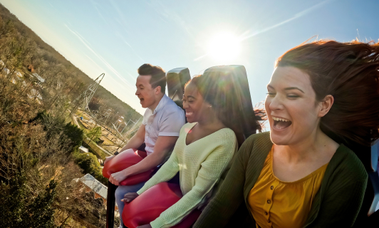 Guests enjoying a ride on the Apollo’s Chariot hypercoaster at Busch Gardens Williamsburg.