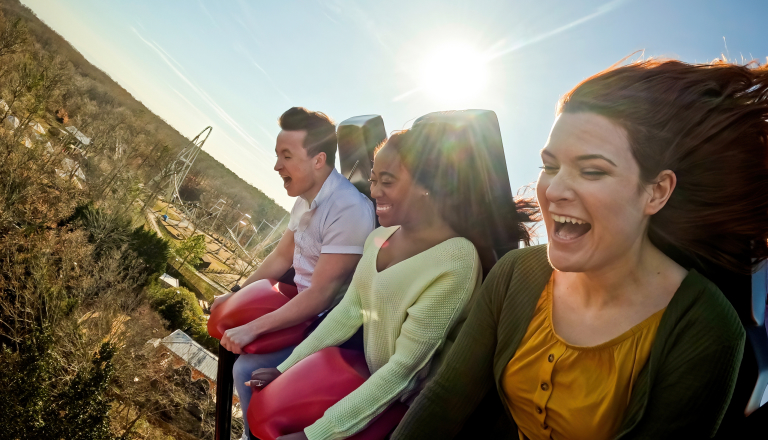 Guests enjoying a ride on the Apollo’s Chariot hypercoaster at Busch Gardens Williamsburg.