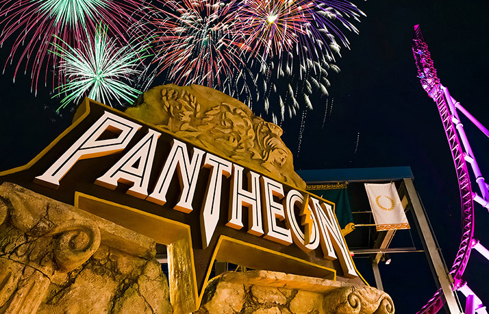 Pantheon exterior with fireworks above the track