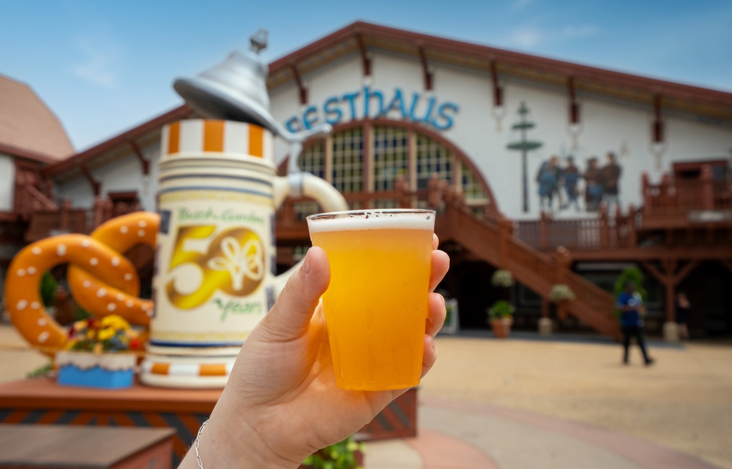 Cup of beer in front of Das Festhaus restaurant