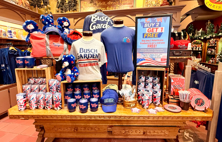 A merchandise display of patriotic Busch Gardens merchandise