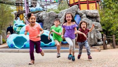 Kids running in the land of the dragons at Busch Gardens Williamsburg
