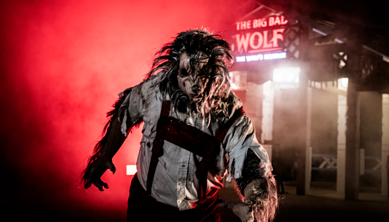 Halloween wolf costume in front of The Big Bad Wolf: The Wolf's Revenge