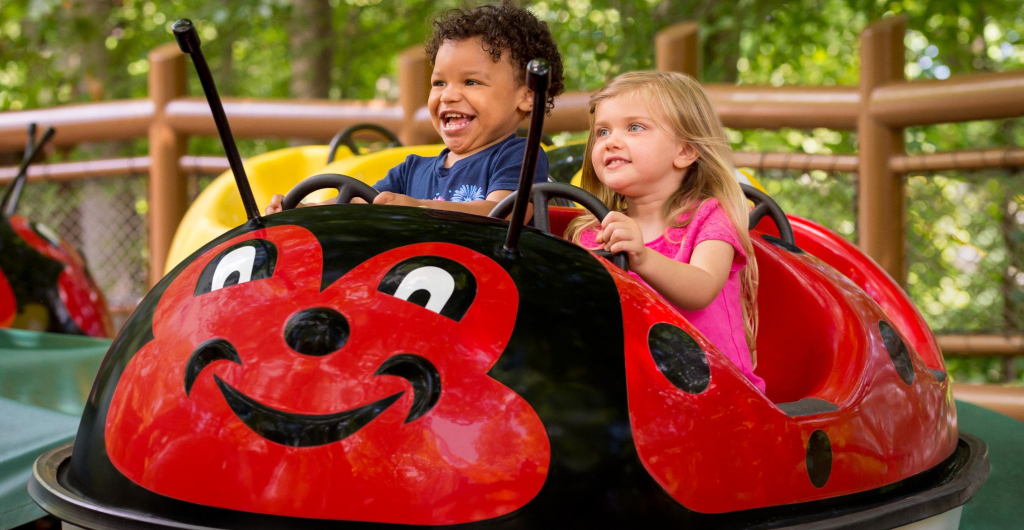 Two children on Bug-a-Dug at Busch Gardens Williamsburg