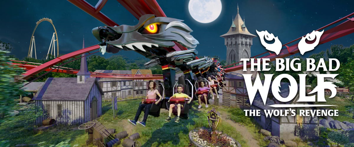 Inverted roller coaster concept art of The Big Bad Wolf: The Wolf's Revenge