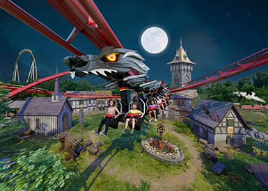 Inverted roller coaster concept art of The Big Bad Wolf: The Wolf's Revenge