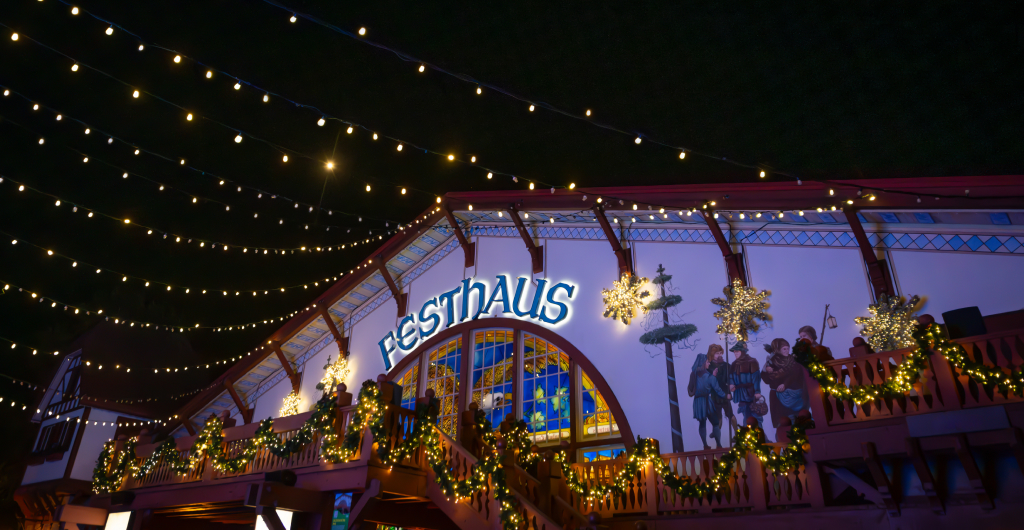 Das Festhaus restaurant with holiday lighting at Busch Gardens Williamsburg