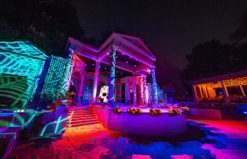 Outdoor theater decorated for Halloween