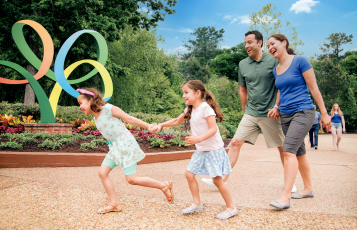 Family walking around Busch Gardens Williamsburg.