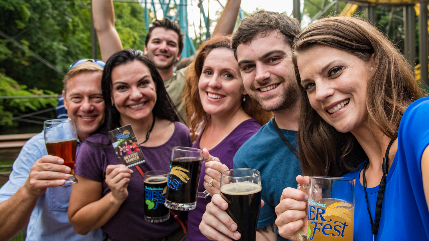 A large group of friends enjoying Bier Fest at Busch Gardens Williamsburg.