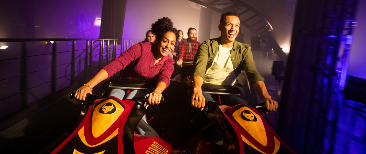 Soar above 10 million lights on thrilling rides like the all-new DarKoaster™ at Busch Gardens Williamsburg Christmas Town.