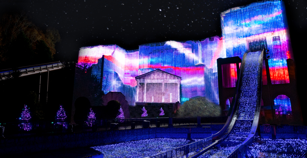 Winter wonderland comes alive with an all-new dynamic light spectacular, featuring over a million twinkling LED lights choreographed to music at Buch Gardens Williamsburg Christmas Town.