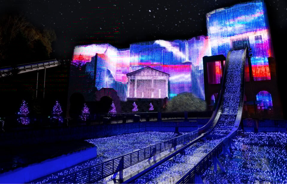 Winter wonderland comes alive with an all-new dynamic light spectacular, featuring over a million twinkling LED lights choreographed to music at Buch Gardens Williamsburg Christmas Town.