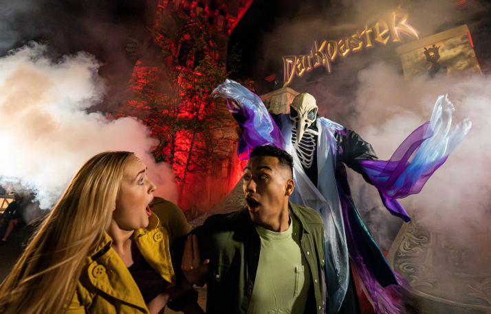 Guests getting scared during a tour at Busch Gardens Williamsburg Howl-O-Scream event.