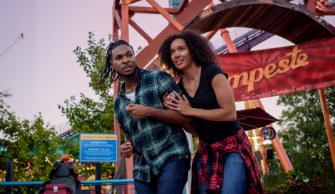 Two people getting scared during Howl-O-Scream at Busch Gardens Williamsburg.