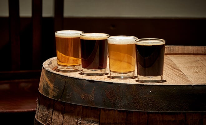 Beer flight available for purchase at Brauhaus Craft Bier Room at Busch Gardens Williamsburg