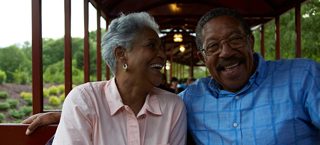 Elderly couple enjoying the train ride at Busch Gardens Williamsburg