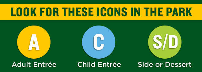 Look for these icons at Busch Gardens restaurants for adult and child entrees and sides or desserts