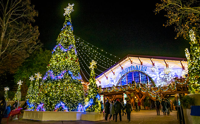 OTannenbaum outside of teh festhaus during Christmas Town at Busch Gardens Williamsburg