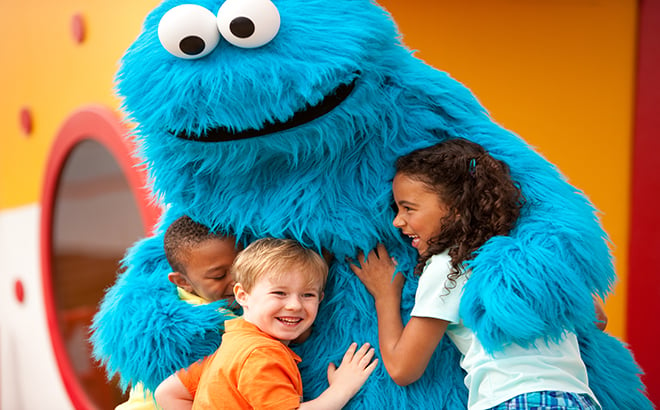 Cookie Monster hugs at Busch Gardens Williamsburg Sesame Street Kids Weekends