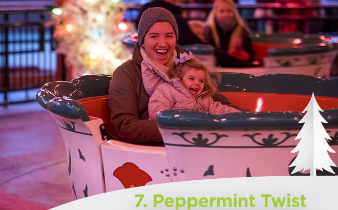 Busch Gardens Williambsurg Peppermint Twist Spinning Teacups ride during Christmas Town