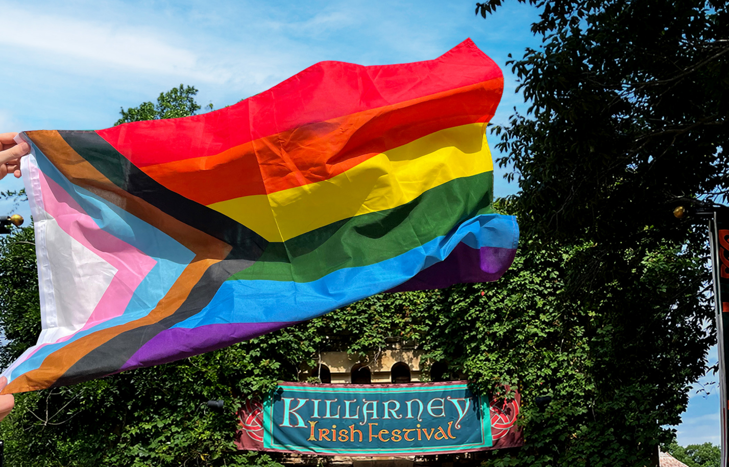 Pride Flag flying above Killarney Village at Busch Gardens Williamsburg.