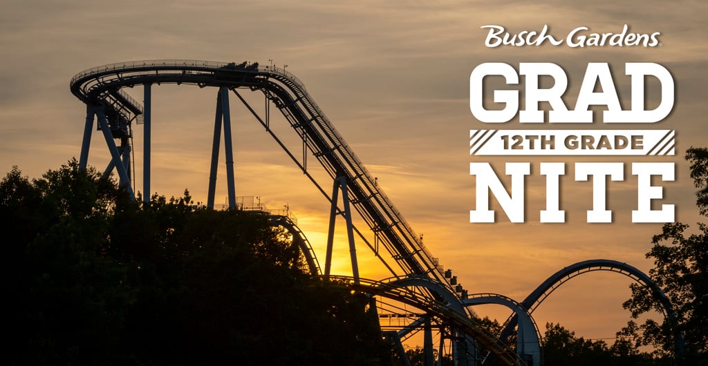 Griffon during sunset with the Busch Gardens Grad Nite Logo