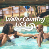 Water Country USA logo with a man & woman floating on a lazy river in background